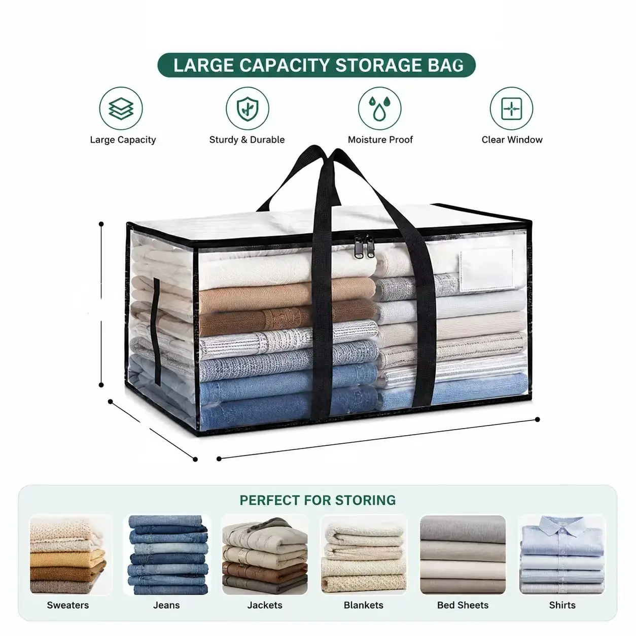 6-Piece Set of Extra-Large Clear Moving Bags: Heavy-duty, waterproof storage bags with reinforced handles and zippers, ideal for clothing, bedding, dorm rooms, and moving