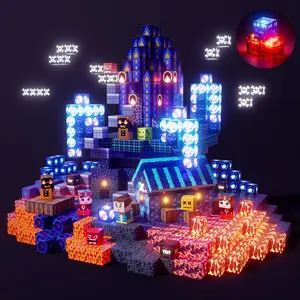 Light Up Magnetic Tiles 200pcs - Illuminated Blue Castle & Glowing Magnetic Cubes, STEM Montessori Sensory Toy, Creative Play, Outdoor Fun, Educational Set, Gift for Ages 3-8 Boys Girls, Christmas Birthday