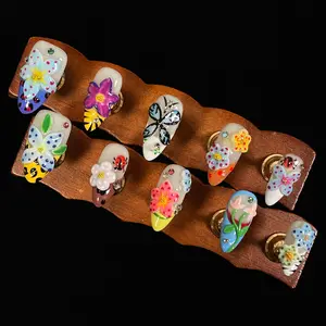 BByogooz Handmade Press On Nails 3D Floral & Butterfly with Red Ladybug Fake Nails Almond Acrylic Nail Tips Luxury Enchanted Garden Dreamy Nails (Garden)