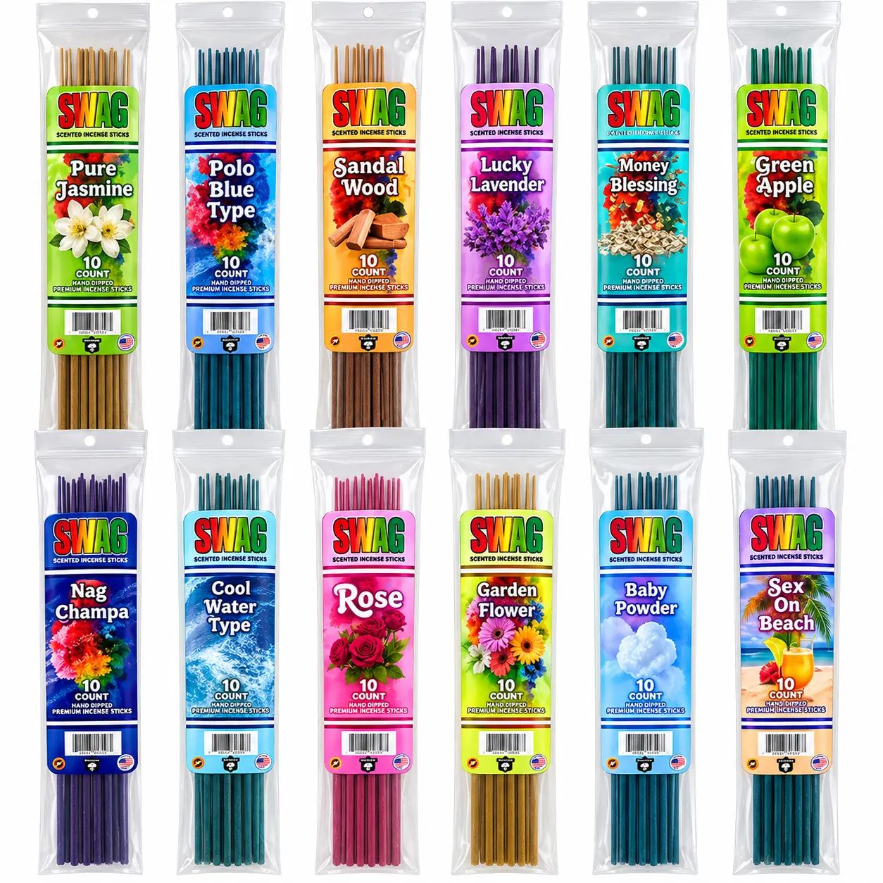 Swag 11" Hand-Dipped Perfume Incense Sticks – 10-Stick Packs (Assorted Scents) with Bonus Incense Holder – Long-Lasting Fragrance for Home, Meditation & Relaxation