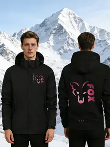 Men's Fox Letter Print Jacket, Windproof Fabric, Hooded Casual Outerwear, Long Sleeve, Loose Fit, Ideal for Camping, Fishing, Hiking