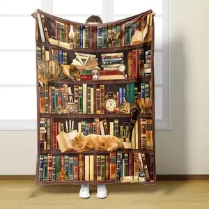 Charming cat and bookshelf design flannel blanket - the ideal gift for book lovers, librarians and literature enthusiasts - all-
