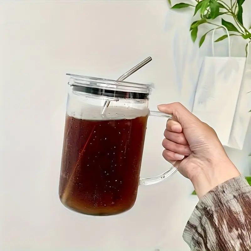1pc, Large Glass Tumbler with Lid and Straw, 33.81oz Heavy-duty Glass Water Cup, Cold Coffee Cup, Drinking Glass, Clear Glass Cup, for Summer and Winter Beverages, Summer Gift, Couple's Gift, Stylish Drinkware, Durable Glass