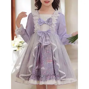 Girls Cute & Stylish & Stunning Long Sleeve Fairy Tale Flower Pattern Bow And Lace Decor Tutu Princess Dress For Stage Performance, Birthday, Halloween Party, Dress Up Outfit As Gifts