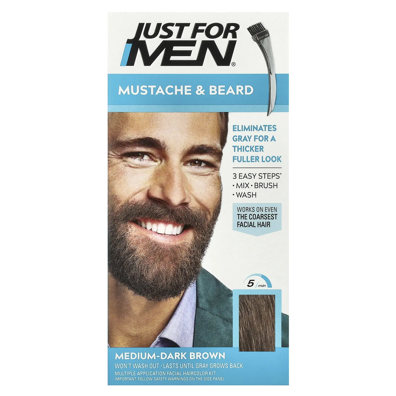 Just for Men Mustache & Beard, Brush-In Color, M-40 Medium-Dark Brown, 1 Multiple Application Kit