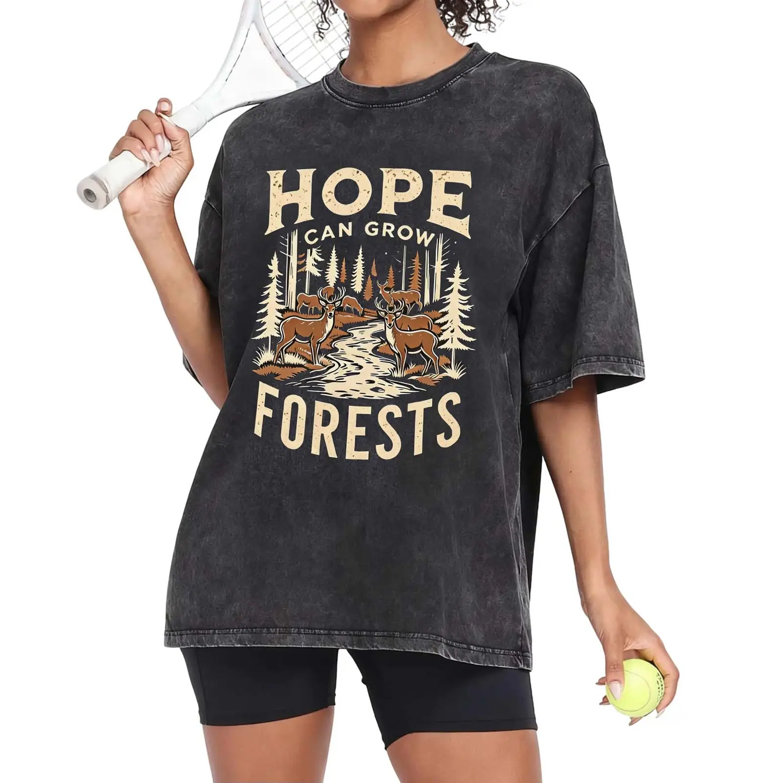 Women Oversized Vintage Washed Short Sleeve T Shirt Hope Can Grow Forests Deer Wildlife Nature Wilderness Casual Loose Outdoor Tee