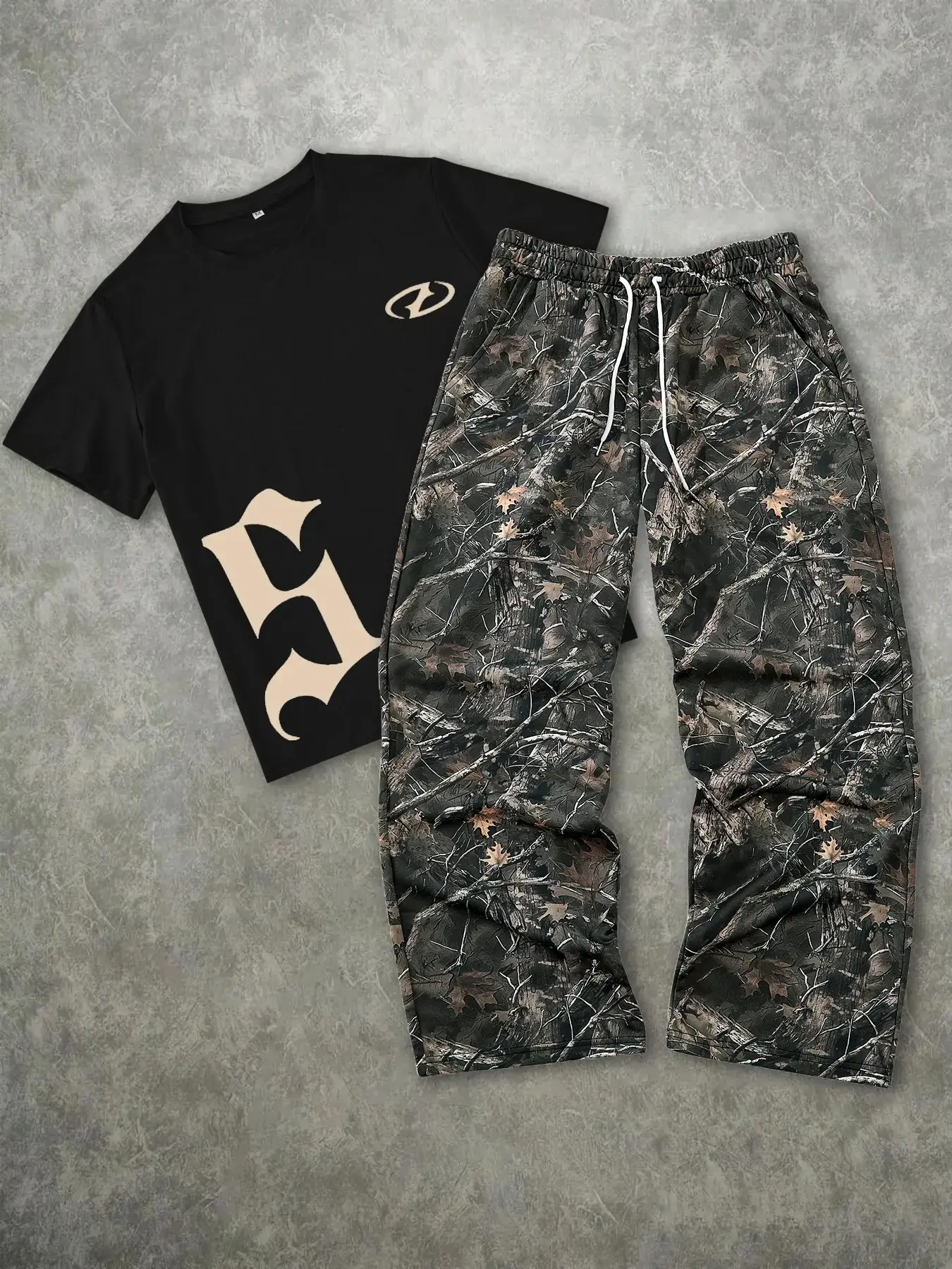 Men's Fashion Casual Two-Piece Set, Letter S Graphic Print Regular Fit T-Shirt, Straight Camo Camouflage Loose Pants, Summer Short Sleeve Round Neck Tee, Menswear, Clothes, Casual Matching Sets