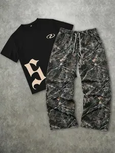 Men's Fashion Casual Two-Piece Set, Letter S Graphic Print Regular Fit T-Shirt, Straight Camo Camouflage Loose Pants, Summer Short Sleeve Round Neck Tee