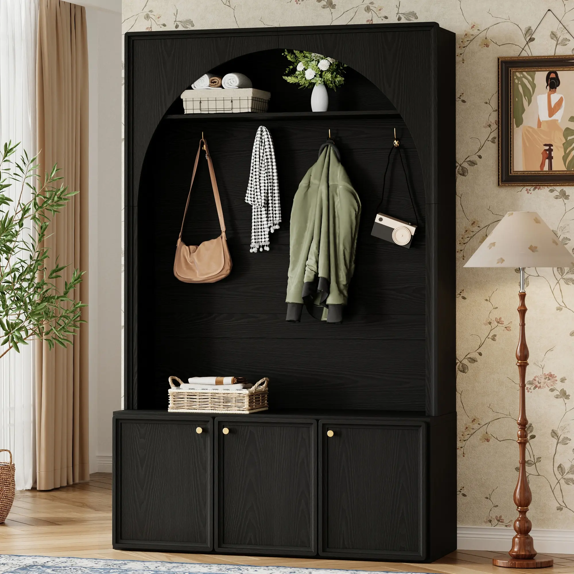Hall Tree with Bench and Shoe Storage, Farmhouse Entryway Coat Rack with 4 Golden Hooks, Retro Arched Wooden Mudroom Organizer with 3 Cabinets and Adjustable Shelves, Black