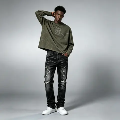 JUNBAOSS Men's Cotton Plain Black Distressed Skinny Jeans - Skateboard Slim Fit, Stretch Fabric, Button Closure, Straight Leg, Stylish Streetwear Pockets, Flex Waist Trouser for Casual Fall Menswear 2026 fashion