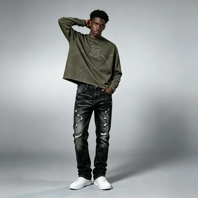 JUNBAOSS Men's Cotton Plain Black Distressed Skinny Jeans - Skateboard Slim Fit, Stretch Fabric, Button Closure, Straight Leg, Stylish Streetwear Pockets, Flex Waist Trouser for Casual Fall Menswear 2026 fashion