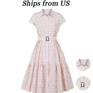 Women's 1960s Vintage Lapel Short Sleeve Shirt Dress with Detachable Belt & Buckle Floral Pink Soft Bridal Style A-line Skirt for Spring Summer Travel Size S-XXL Midi Casual Elegant Garden Party Dress Womenswear Piece Button Shortsleeve