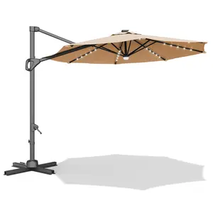 10FT Cantilever Patio Umbrella with Solar Powered LED Lights, 360° Rotating Offset Outdoor Umbrella, Easy Crank Tilt, UV Protection, Heavy-Duty Frame, Cross Base for Backyard, Garden, Deck, Pool