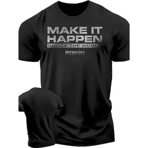 Men'S Heavyweight 100% Gym T-Shirt with "Make It Happen" Motivational Workout Design - Black & Gray Fitness Shirt for Weightlifting, Running, Bodybuilding | All-Season Comfort Fit, Ideal Christmas Gift for Men | Gym Clothes & Sports Casual Wear