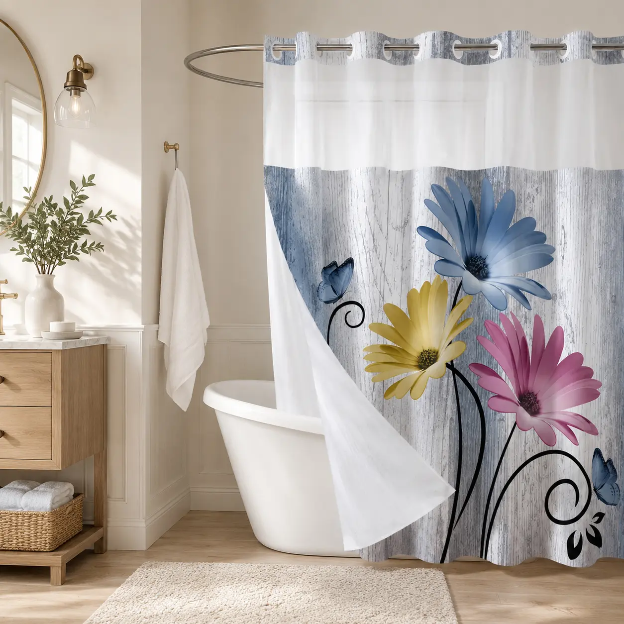 Hookless double-layer shower curtain, daisy print waterproof fabric available in multiple colors, retro country home decor, hotel/dorm bathroom accessory, 72 x 75 inches