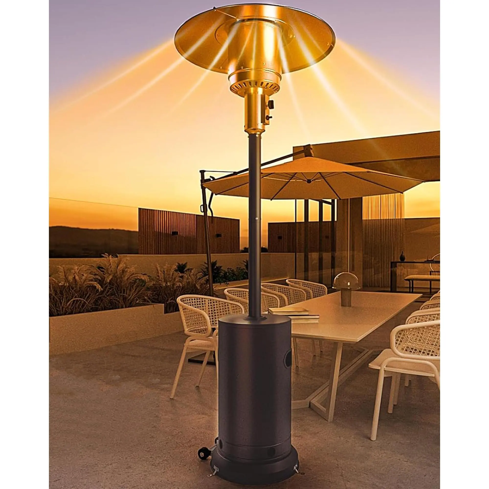 GARVEE 48,000 BTU Bronze Patio Propane Outdoor Heater with Wheels, Round Table Design, Stainless Steel Build, Adjustable Heat, 15-ft Radius, Automatic Tip-Over Sensor for Patio & Commercial Use