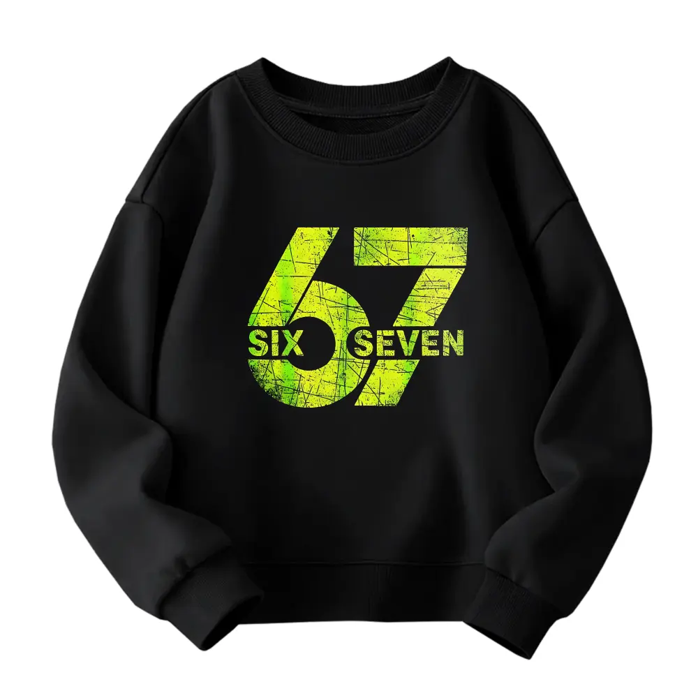 Youth Boy's Cool Black Graphic Sweatshirt with Neon Green '67' and Yellow 'SIX' 'SEVEN' Text - Short Wavy Hair Design, Casual Summer Style for Everyday Wear, Perfect Gift for Birthday, Casual Outings and Family Gatherings