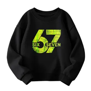 Youth Boy's Cool Black Graphic Sweatshirt with Neon Green '67' and Yellow 'SIX' 'SEVEN' Text - Short Wavy Hair Design, Casual Summer Style for Everyday Wear, Perfect Gift for Birthday, Casual Outings and Family Gatherings