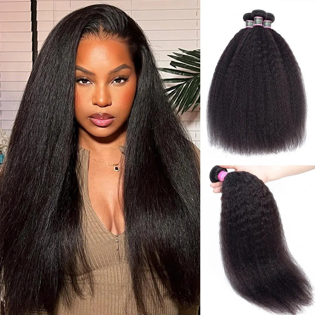 OQ HAIR Kinky Straight Hair Bundles 100% Virgin Human Hair Weaving Natural Black Color 3 4 Bundle Deals Double Weft Sew in Hair Extensions #SummerVibes