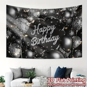 1pc 2D Flat Elegant Black and Silver Happy Birthday Banner, cm, 100% Polyester Backdrop, Universal Holiday Indoor/Outdoor Decor for Events, Gardens, and Home Celebrations, No Electricity or Battery Needed