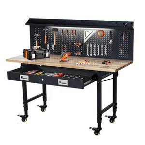 【GARVEE】60"x 22" Adjustable Workbench + Drawer Storage + Heavy Duty + Rubber Wood Top + Removable Pegboard + Power Outlet + Hooks + Tool Storage + Garage, Warehouse, Workshop