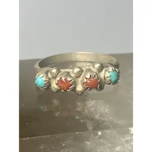 Coral turquoise ring stacker band southwest sterling silver women girls