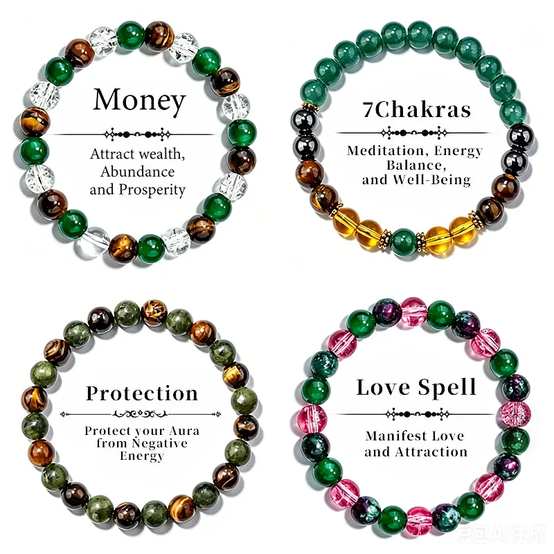 4-Piece Beaded Bracelets Set for Men & Women, Elastic Natural Stone Beading with Green Dongling Jade Stone & Yellow Crystal for Daily Wear, Obsidian, Tiger's Eye Stone