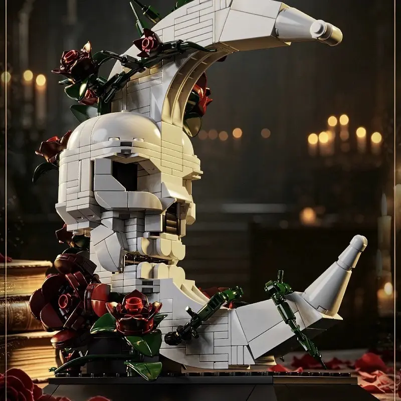 Gothic Bone Hourglass Rose Building Blocks Set, Dark Fantasy Flower Brick Model, DIY Assembly Toy, Skeleton Hand Desk Display Decor Collectible Gift for Teens