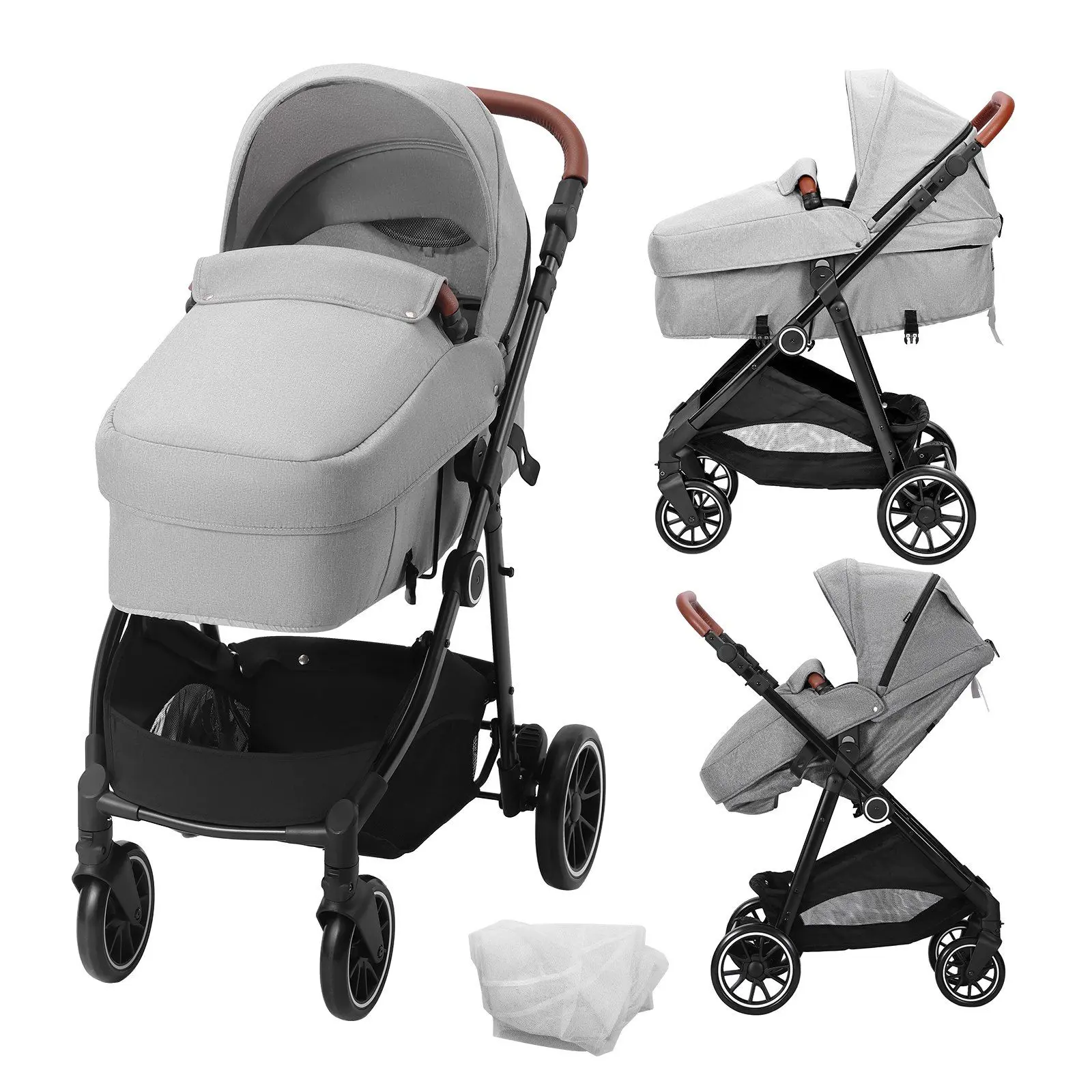 VEVOR  Standard Baby Stroller, Infant Toddler Stroller with Bassinet, 3rd-Gear Adjustable Backrest & Foldable & Reversible Seat, Carbon Steel Newborn Stroller with Leg Cover and Mesh Net, Light Grey