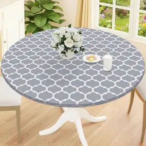 1pc Round Moroccan Table Cover, Vinyl Waterproof Oil-Resistant Easy Clean, Rubber Band Flannel Backing Non-Slip, Outdoor Indoor Use