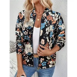 Women's Lightweight Zip-Up Stand Collar Long Sleeve Button Detail Beige Blue and Brown Floral Print Casual Jacket for Spring or Fall