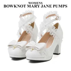 CYNLLIO Womes Chunky Block Heel Rounded Toe Cross Ruffle Ankle Strap Pearl Bow Kawaii Pumps Slip On Comfy Fashionable Wedding Party Cosplay Dating Casual Spring Mary Jane Wedding Shoes Deals For You Days