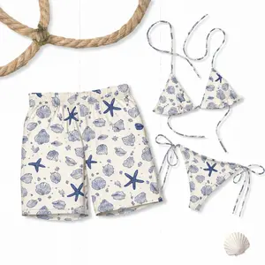 Coastal Breeze Shell Print Bikini & Men's Swim Shorts Set, Marine Shells and Starfish Beachwear, Summer Vacation Outfit for Women & Men"