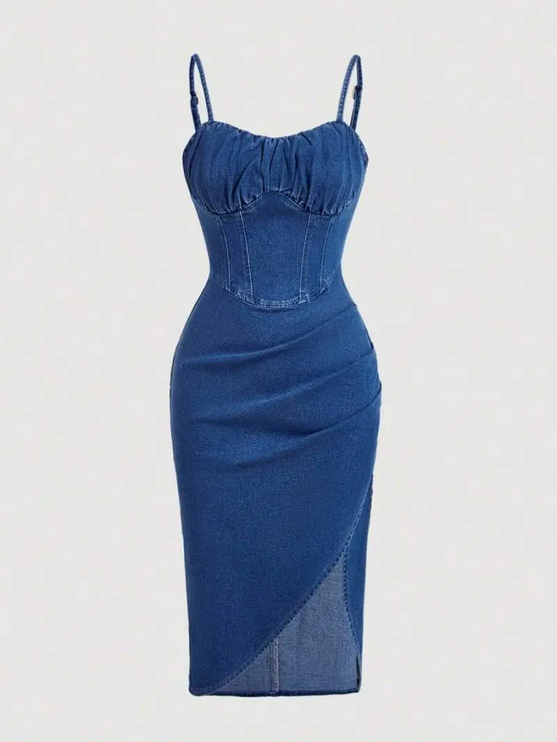 ELIEEN Women's Plus Size Fitted Denim Dress With Spaghetti Straps And Asymmetrical Short Hem