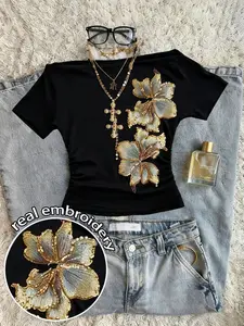 Women's Sparkling Boho Style Floral Embroidery One Shoulder Short Sleeve Fitted Top, Sexy Streetwear Casual Daily Wear, Graphic Print Summer Women's Shirt, Everyday, Womenswear Lady