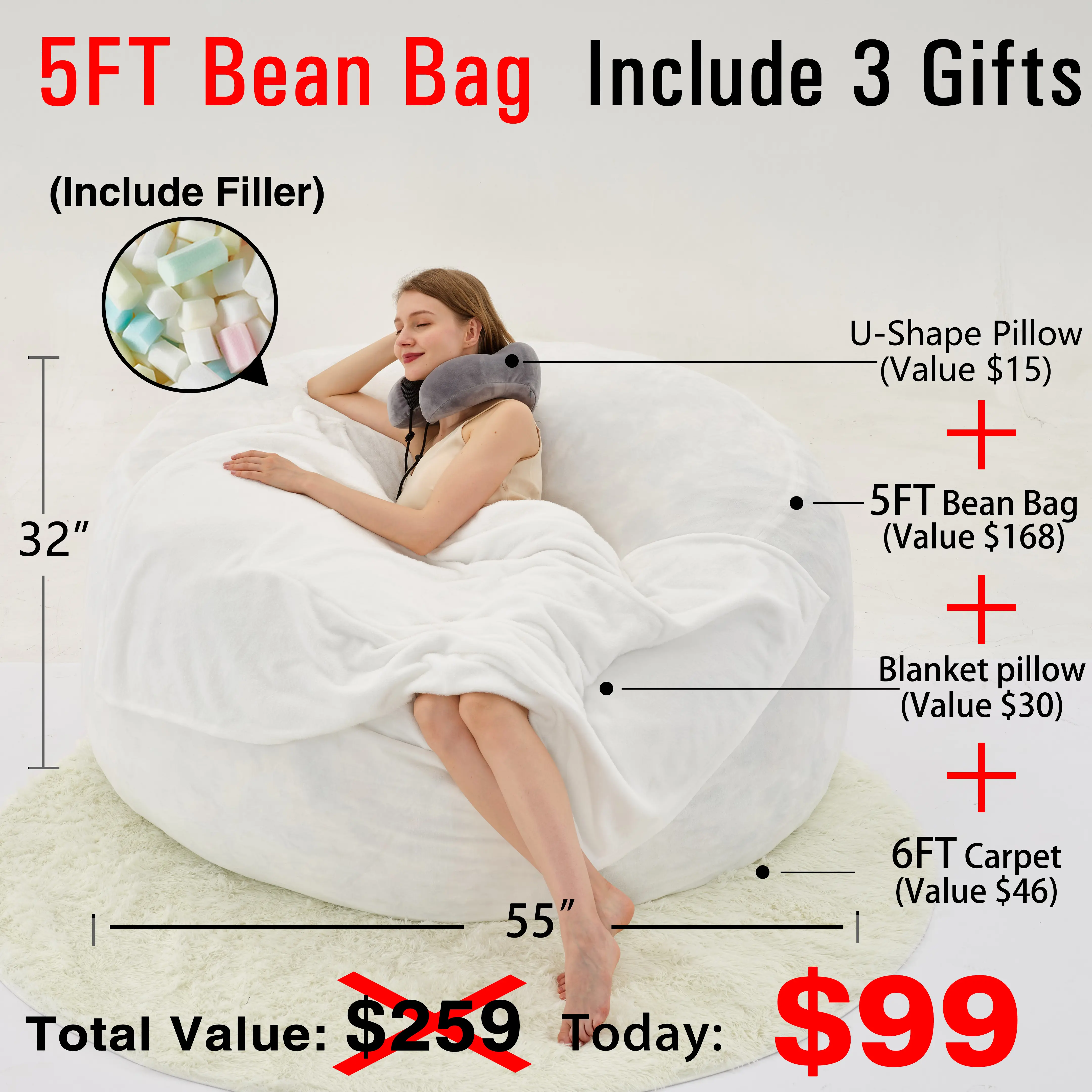 5FT White(Cover Filler U-pillow Blanket Carpet)