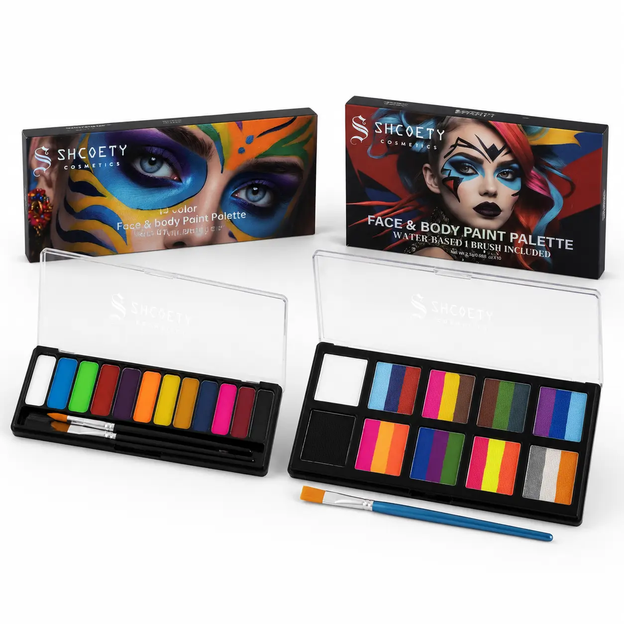 Water-Based Washable Face & Body Paint Kit, 2-Set with 24-Color 10-Grid, 12-Color 12-Grid and Brushes for Halloween, Cosplay