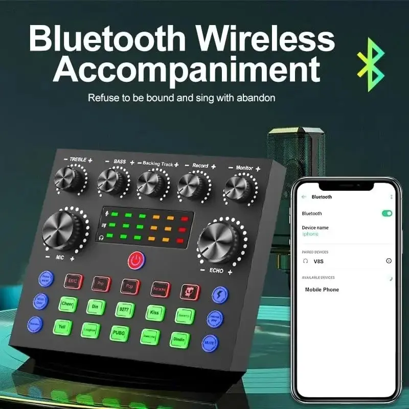 Capacitive microphone combined with V8S sound card kit, professional podcast equipment, including DJ mixing effect board audio interface, suitable for live streaming, recording, singing, voice chatting, gaming and home use Audio Mixer Kit