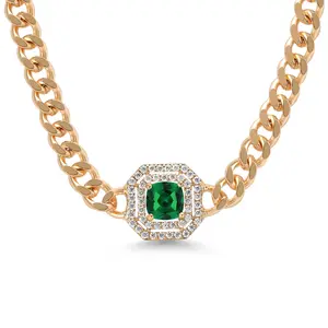 14K Gold Plated Green Nano Emerald and Moissanite Cuban Curb Link Chain Pendant Necklace For Women (1.24 cttw, Cushion 6MM, 16 Inch Chain + 2 Inch Extender)