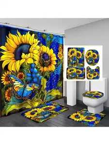 1pc/4pcs Sunflower & Butterfly Multi-Functional Bathroom Decor Set: Waterproof Shower Curtain With 12 Hooks, Anti-Slip Bath Mat, U-Shaped Toilet Mat And Round Toilet Lid Cover, Suitable For Bathroom