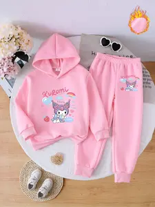 Girls' Fleece Hoodie Set, Cute Kuromi Cartoon Print, Rainbow Balloon Strawberry Design, Casual Comfortable Jogger Pants, Holiday Gift