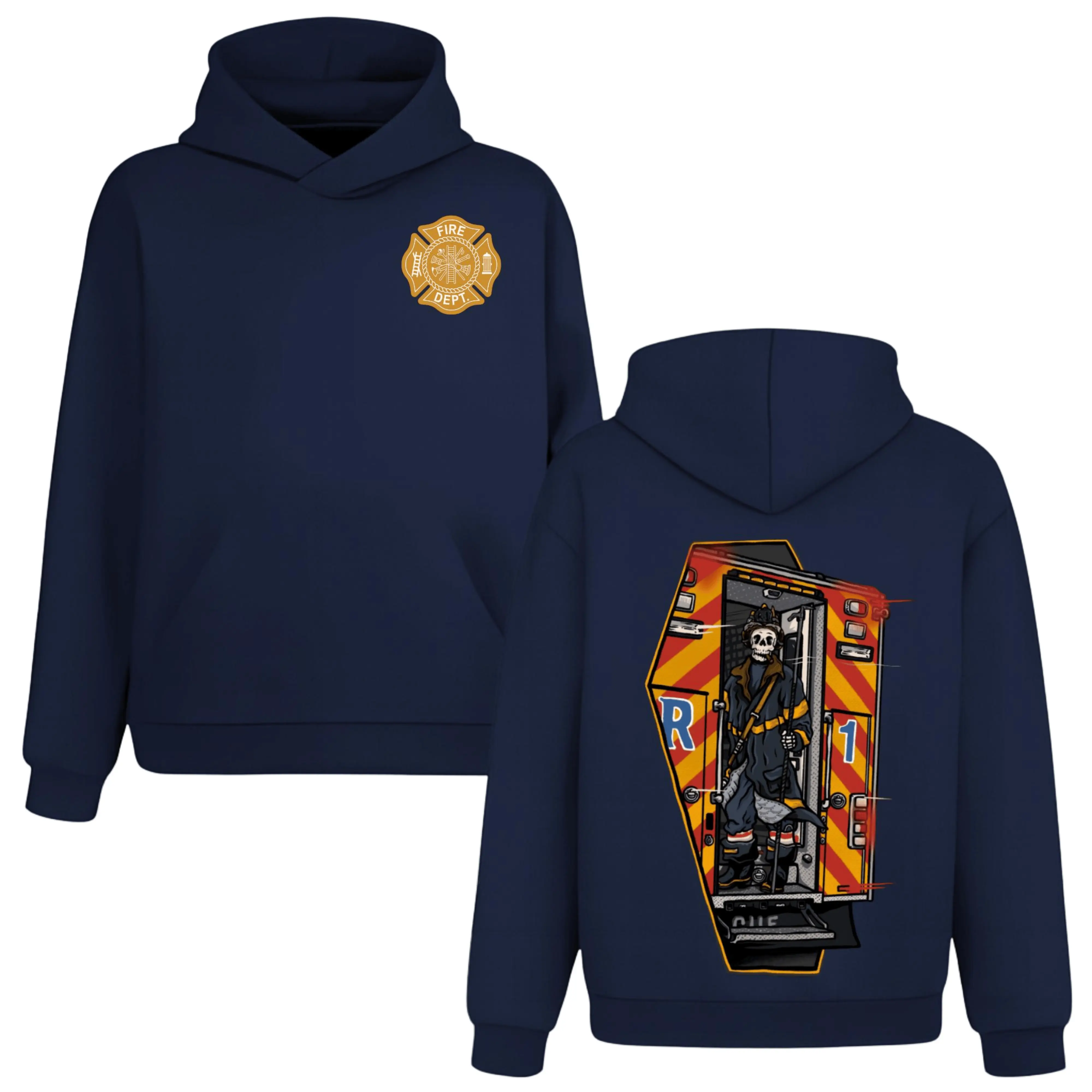 Skeleton Firefighter Rescue Truck Hoodie, 2 Sides, Fire Dept Badge First Responder Pullover