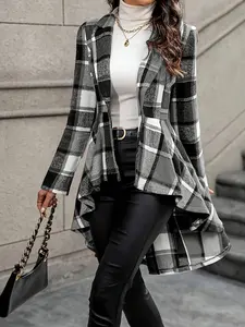 Women's Plaid Print Checkered Button High Low Hem Jacket, Casual Long Sleeve Lapel Neck Open Front Outerwear Coats for Fall & Winter, Ladies Clothes for Daily Wear