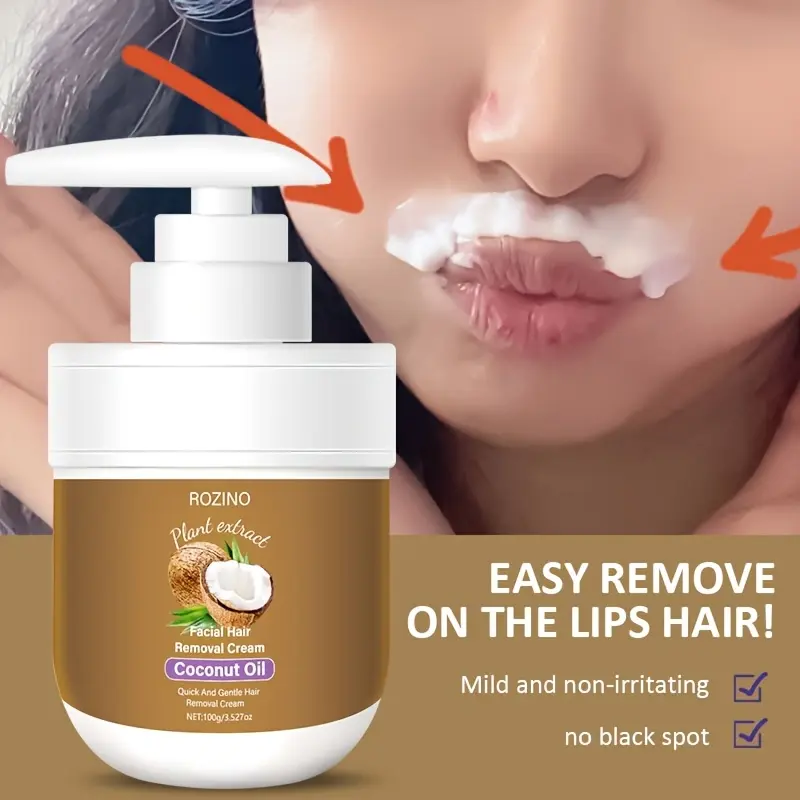 Coconut oil facial hair removal cream, natural ingredients, containing coconut oil, glycerin, hyaluronic acid, gently removes excess facial hair, deeply nourishes the skin, reduces irritation and discomfort, Hypoallergenic, Shaving Cream