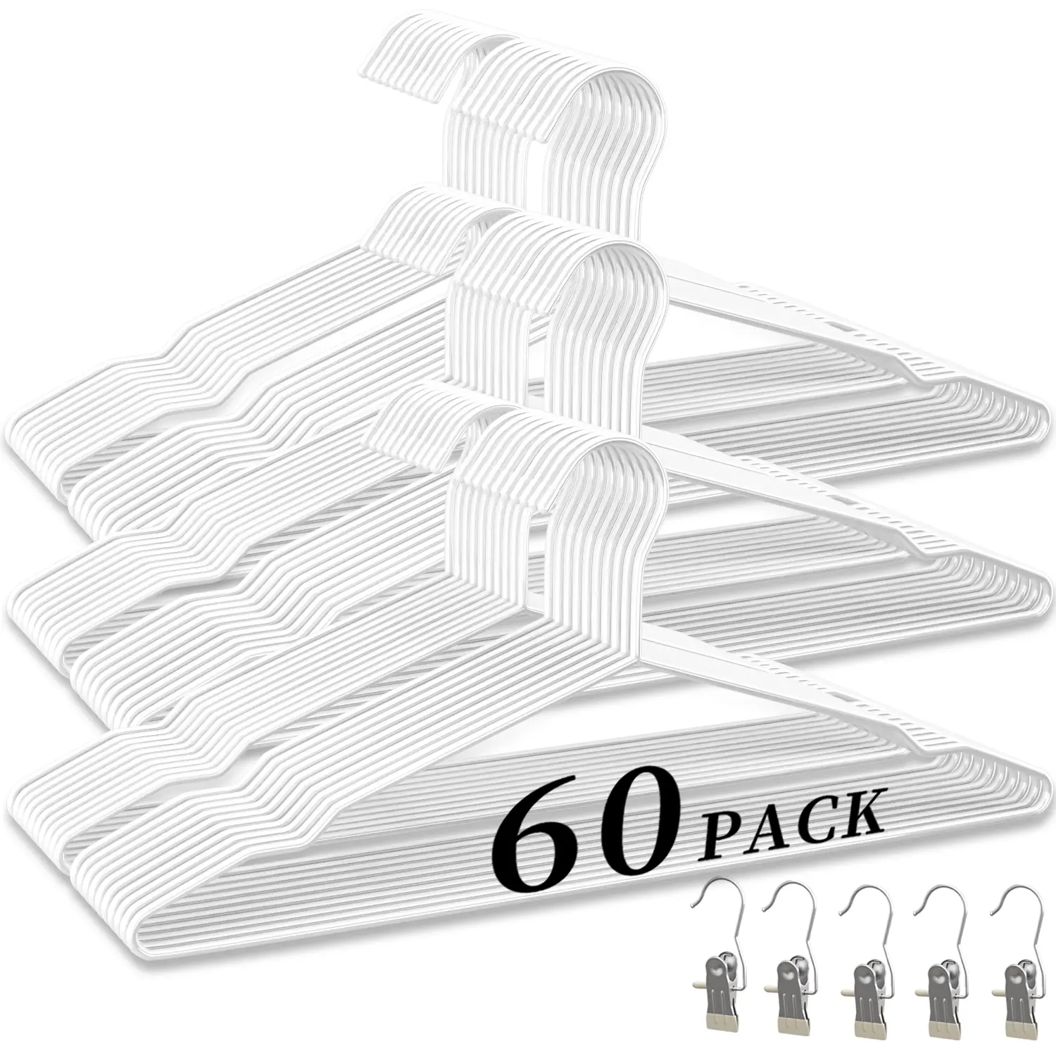 WSJYKN Durable Slim Profile Fade-Resistant White Metal Wire Hanger Set (60-Pack, 16.5in) + 5 Clothespins, Strapless Space-Saving Bedroom Organizer for Jumpers, Dresses, Shirts, with Storage Box