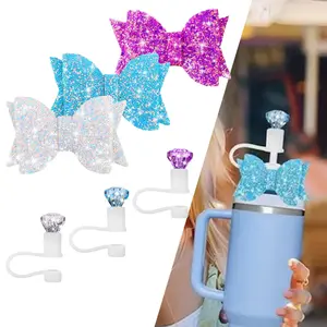  3 set Bling Bow Diamond Straw Topper for Cup Decor Accessories (PINK/BLUE/WHITE)