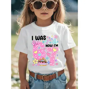 Girls' "I Was 6, Now I'm 7" 7th Birthday T-Shirt - Age 7 Outfit With Number Print, Casual Round Neck Summer Top Suitable For 7-Year- Girls' & Casual Attire NY-DX7699