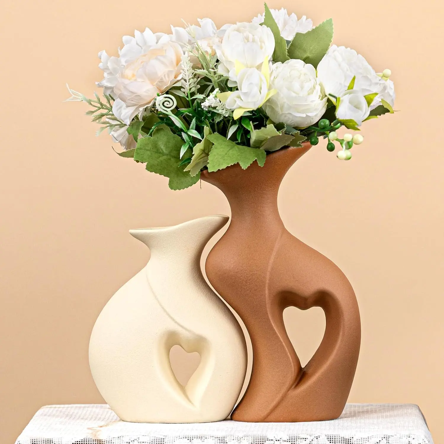 Heart-Shaped Couple Vase Set - 2-piece beige and brown ceramic vases, hollow heart design, romantic gift for couples, wedding decoration, living room/dressing table decorative vases