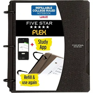 Flex Refillable Notebook + Study App, College Ruled Paper and 1 Inch TechLock Ring Binder with Pockets, Tabs and Dividers, 200 Sheet Capacity, Black (29328AA2)