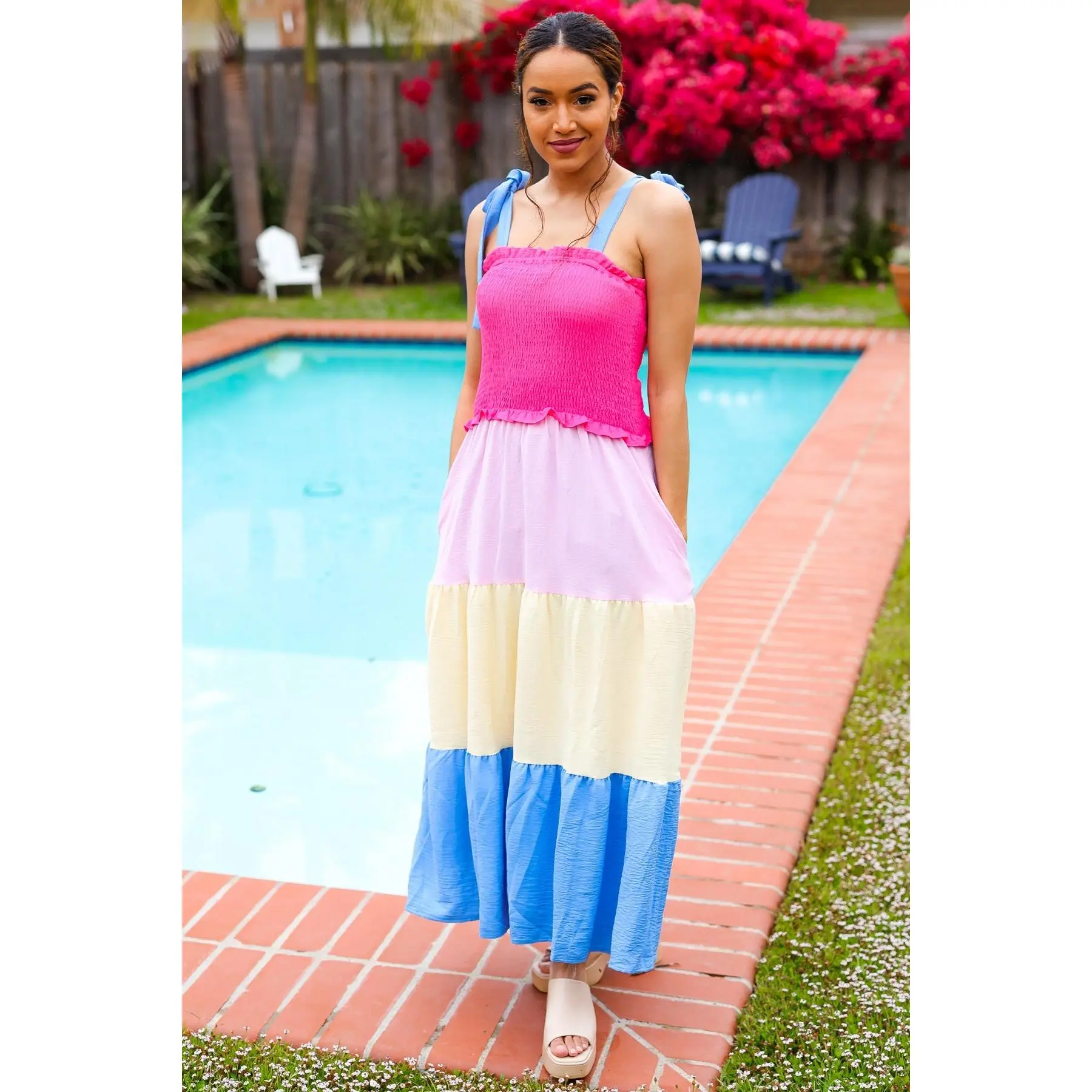 Vacay Vibes Hot Pink & Blue Smocked Color Block Maxi Dress - TikTok Shop